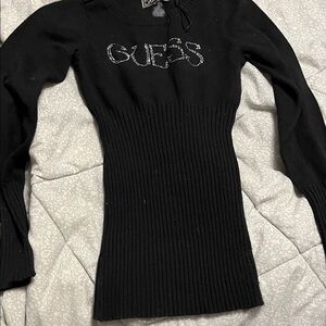 Guess Black Ribbed Slim Crewneck Sweater with Crystal Logo